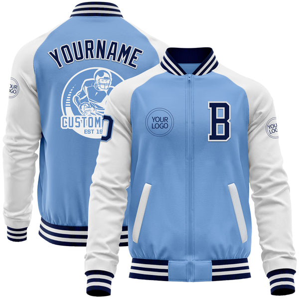 Custom Light Blue Navy-White Bomber Varsity Letterman Two Tone Zipper Jacket