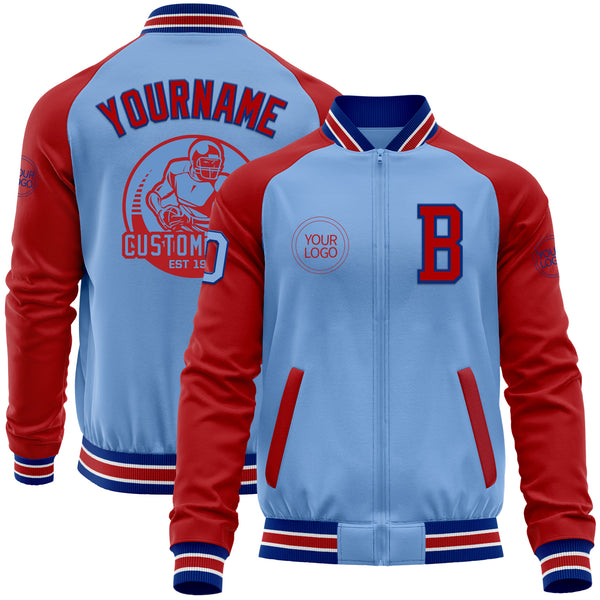 Custom Light Blue Royal-Red Bomber Varsity Letterman Two Tone Zipper Jacket