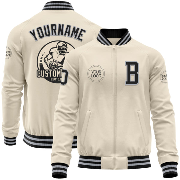 Custom Cream Black-Gray Bomber Varsity Letterman Zipper Jacket