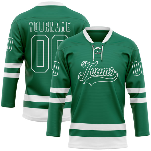 Custom Kelly Green White Hockey Lace Neck Jersey