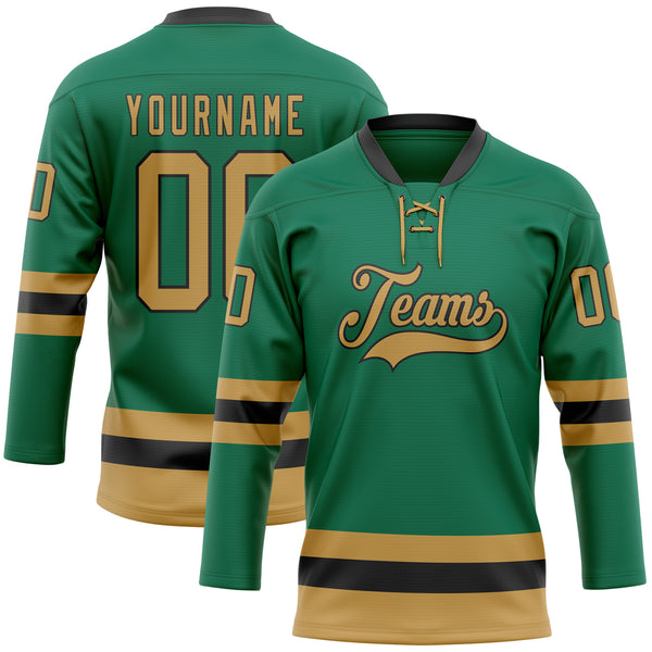 Custom Kelly Green Old Gold-Black Hockey Lace Neck Jersey