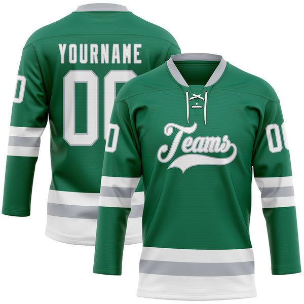 Custom Kelly Green White-Gray Hockey Lace Neck Jersey