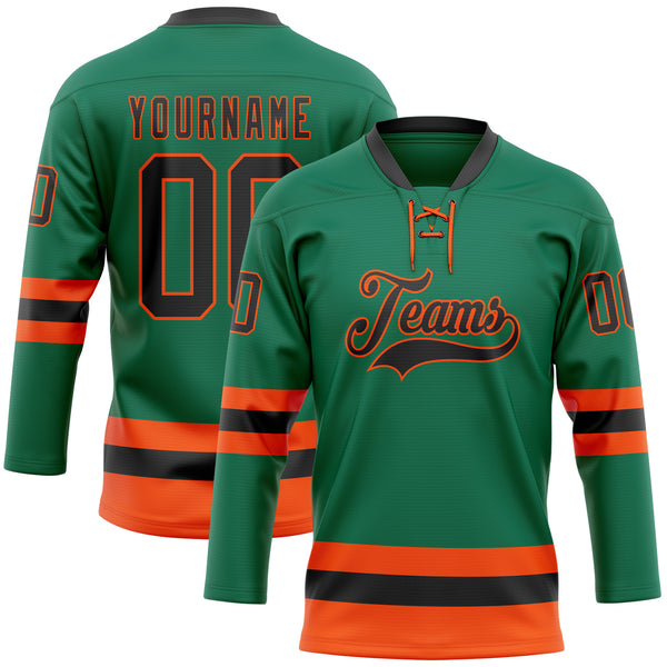 Custom Kelly Green Black-Orange Hockey Lace Neck Jersey