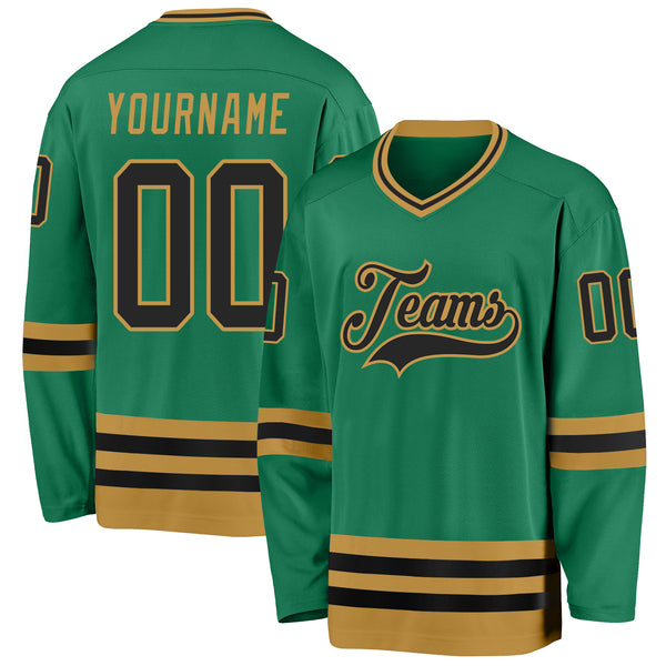 Custom Kelly Green Black-Old Gold Hockey Jersey