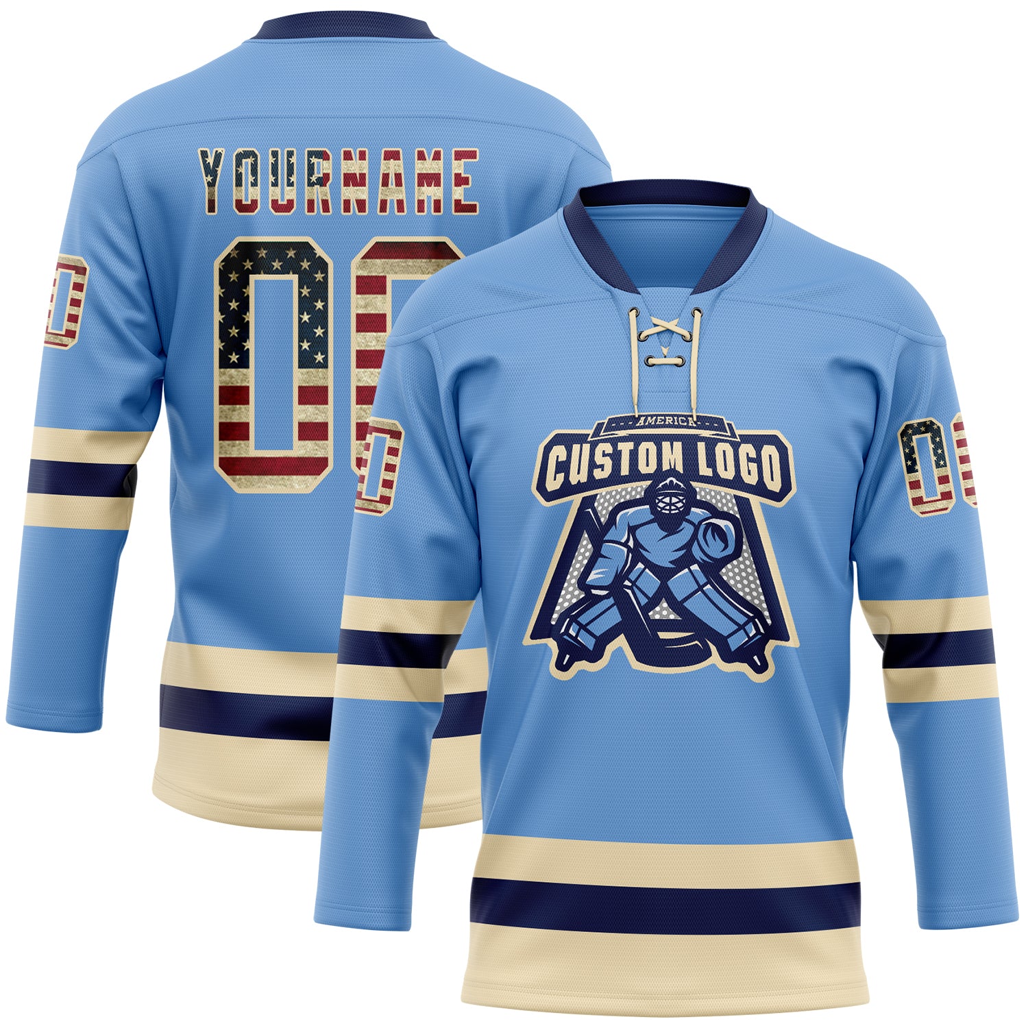 Custom Light Blue Vintage USA Flag Cream-Navy Hockey Lace Neck Jersey