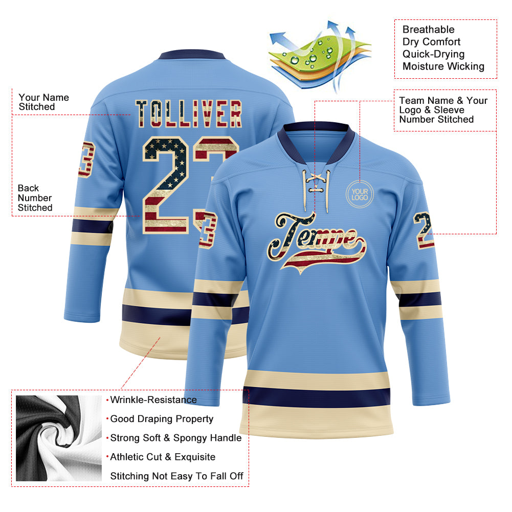 Custom Light Blue Vintage USA Flag Cream-Navy Hockey Lace Neck Jersey