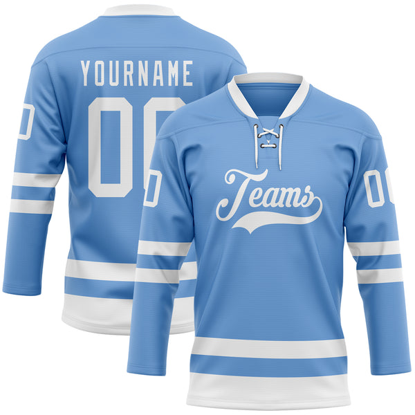 Custom Light Blue White Hockey Lace Neck Jersey