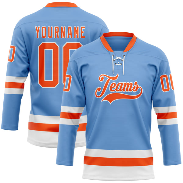 Custom Light Blue Orange-White Hockey Lace Neck Jersey