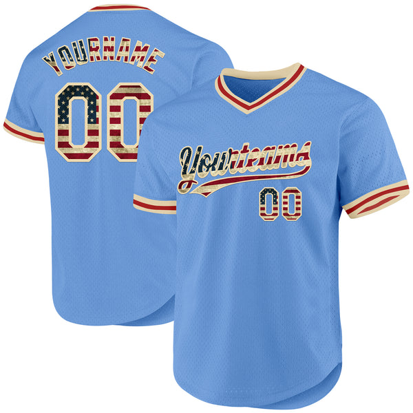 Custom Light Blue Vintage USA Flag Cream-Red Authentic Throwback Baseball Jersey