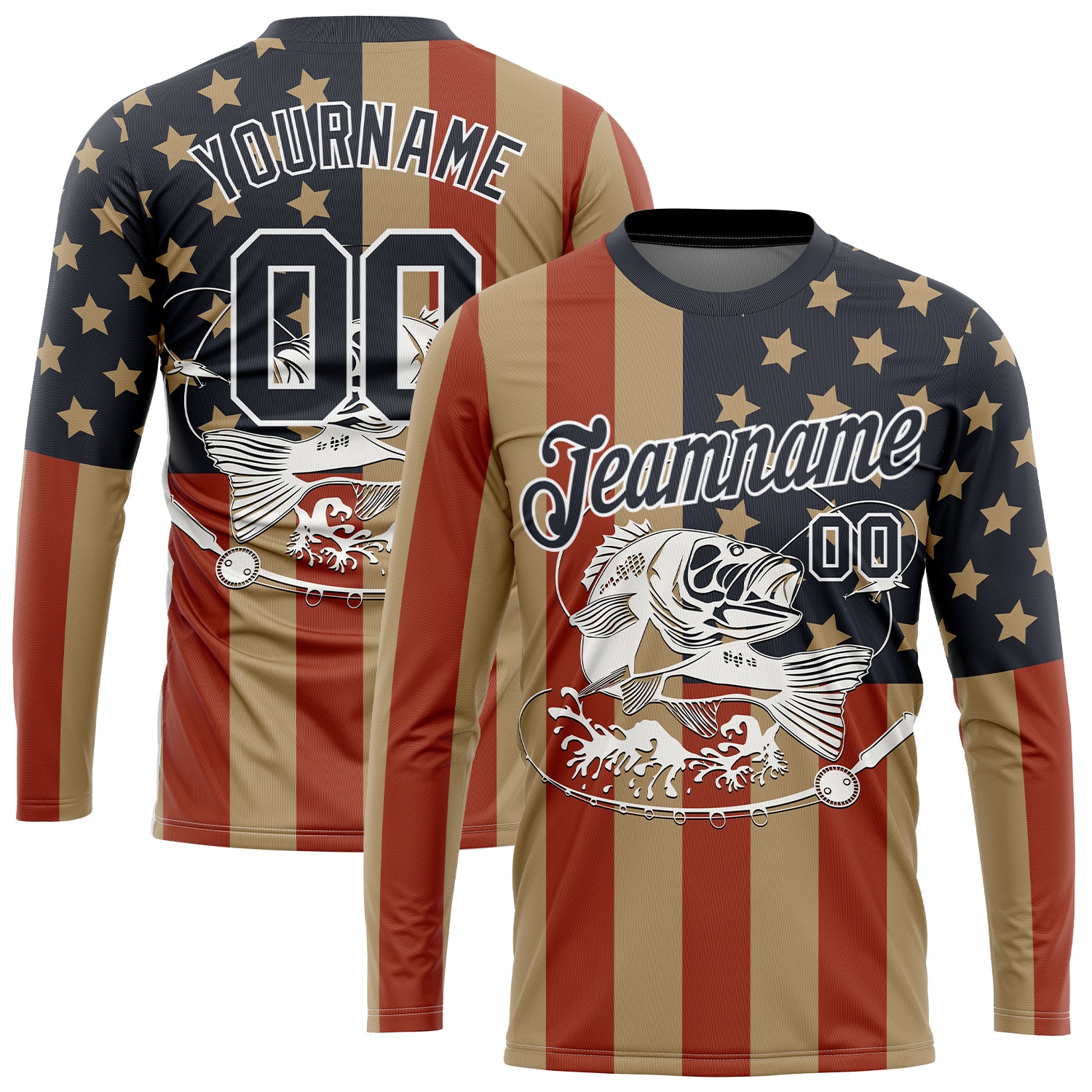 Custom Old Gold Navy-Red 3D American Flag And Fish Fishing Long Sleeve Performance T-Shirt