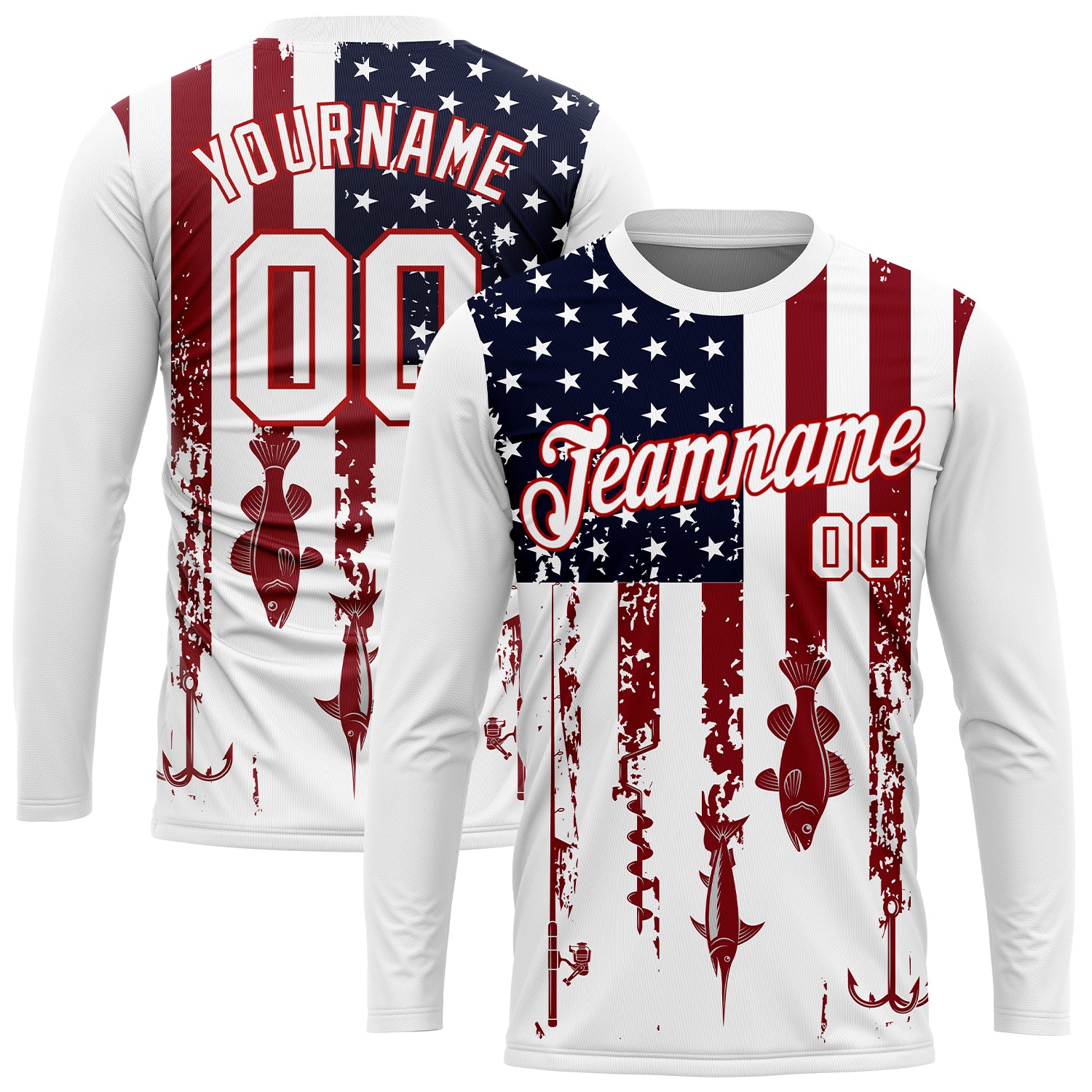 Custom White Red-Navy 3D American Flag And Fish Hook Fishing Long Sleeve Performance T-Shirt