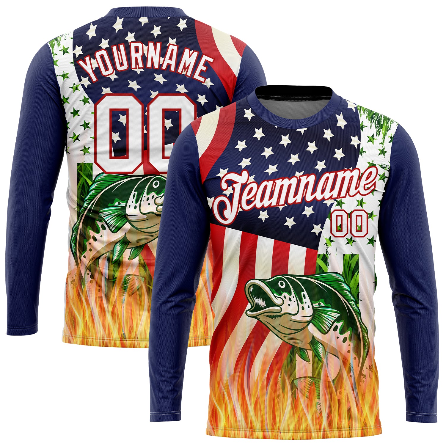 Custom Royal White-Red 3D American Flag And Bass Fish Fishing Long Sleeve Performance T-Shirt