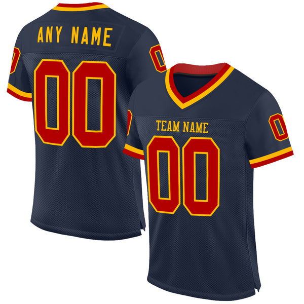 Custom Navy Red-Gold Mesh Authentic Throwback Football Jersey