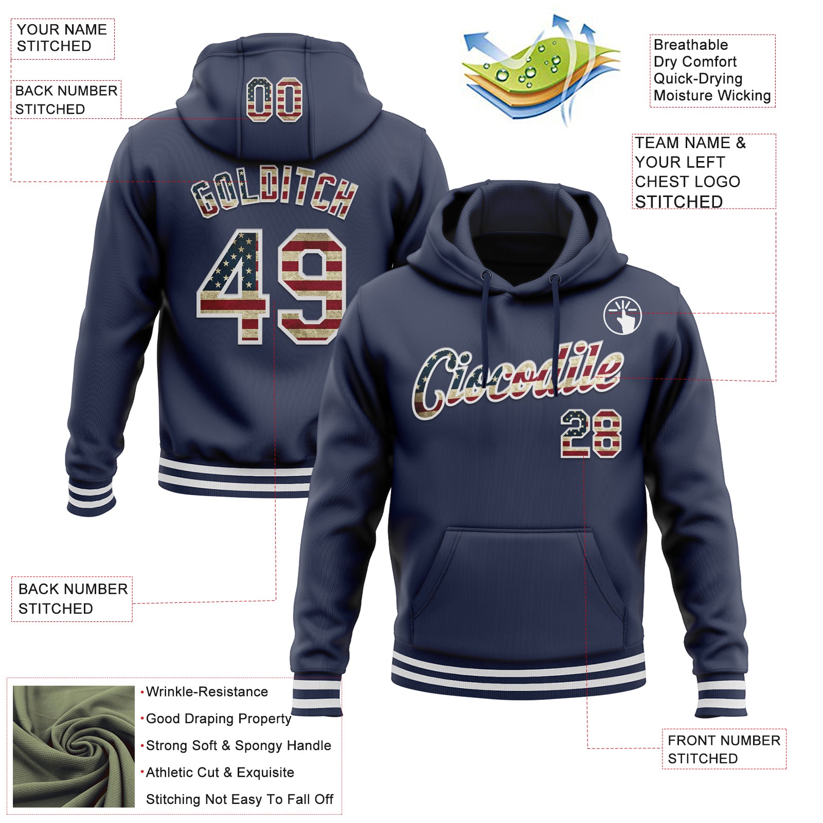 Custom Stitched Navy Vintage USA Flag-White Sports Pullover Sweatshirt Hoodie