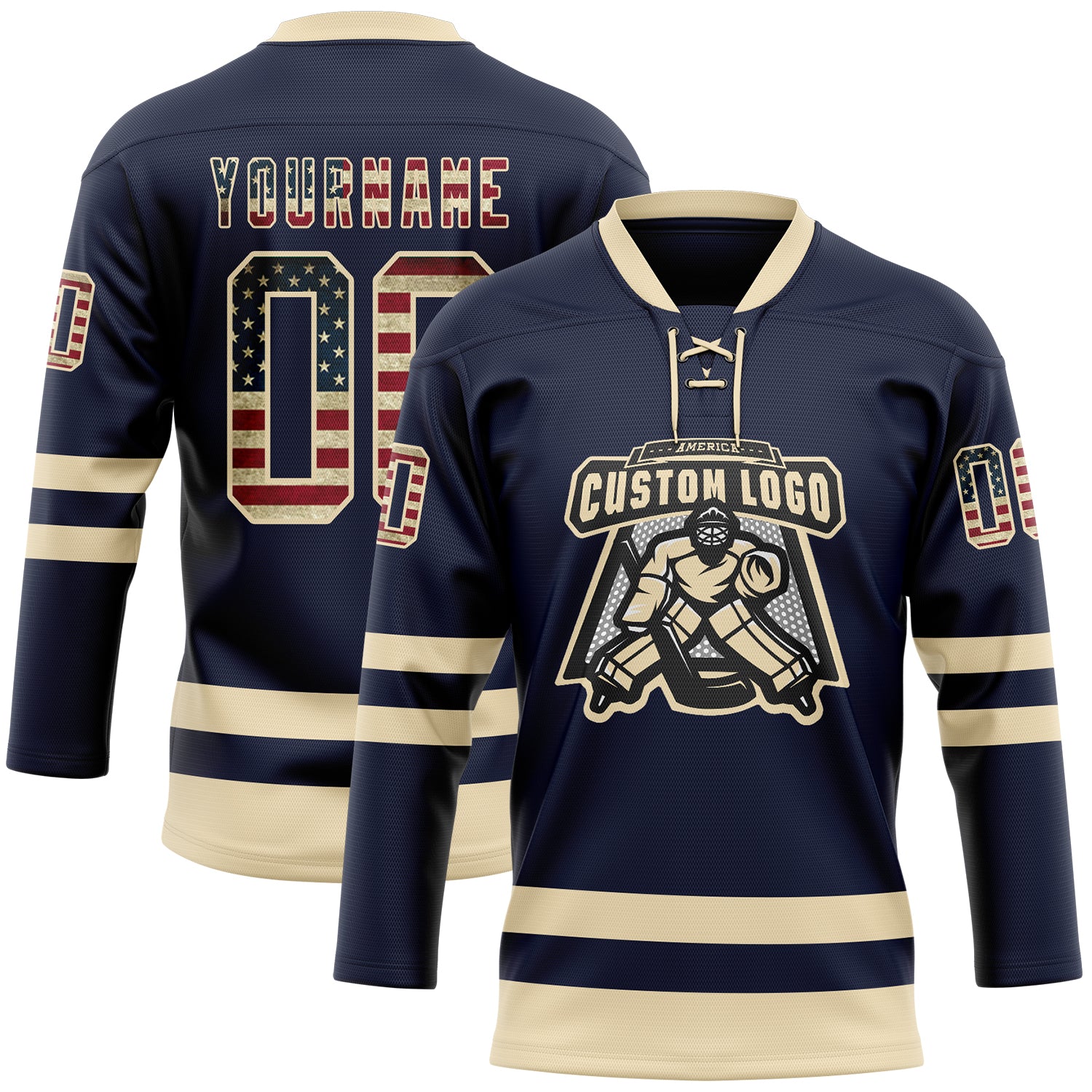 Custom Navy Vintage USA Flag-Cream Hockey Lace Neck Jersey