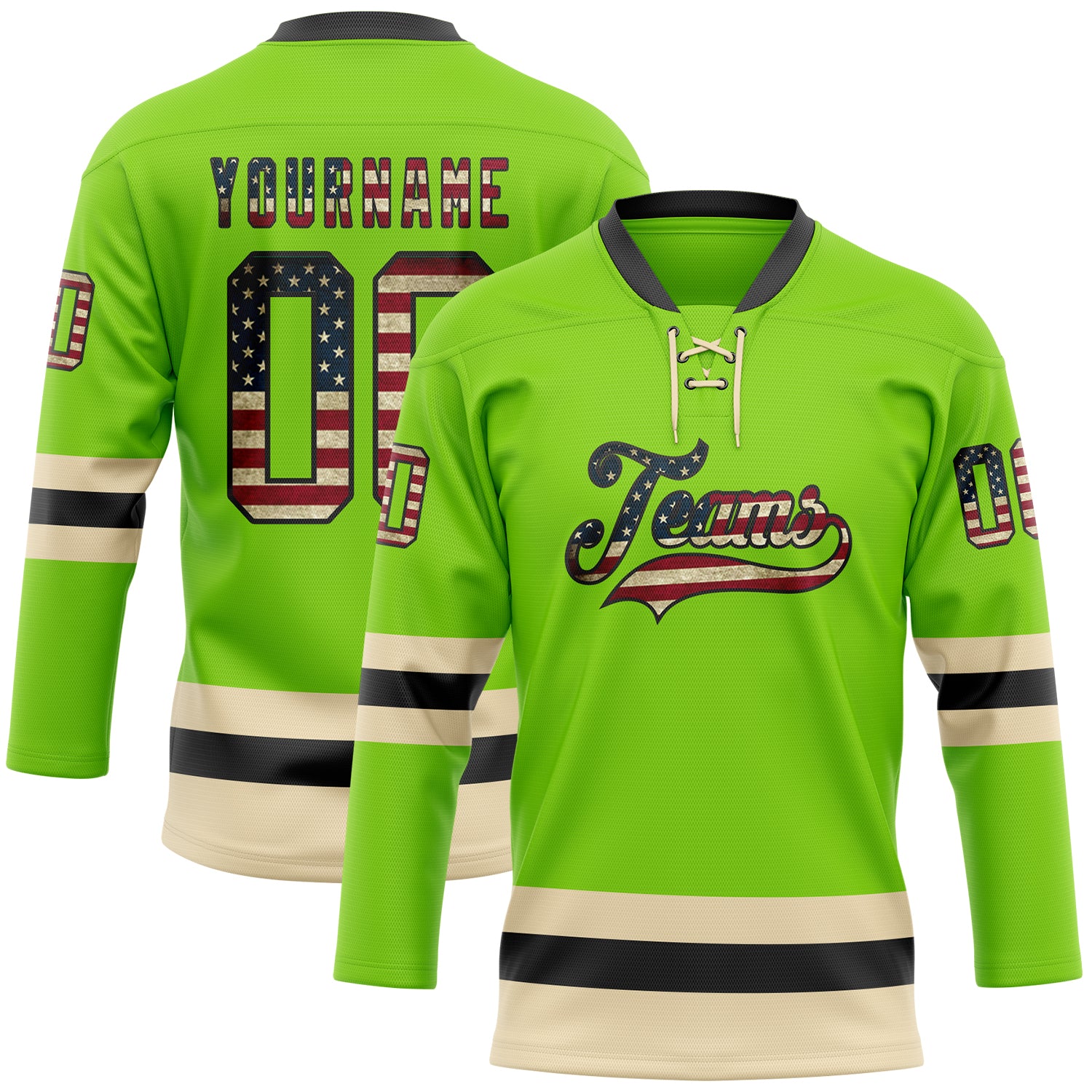 Custom Neon Green Vintage USA Flag Black-Cream Hockey Lace Neck Jersey