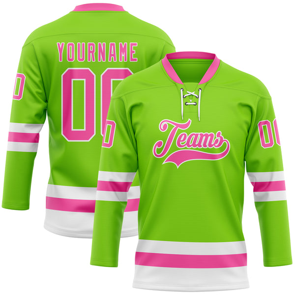 Custom Neon Green Pink-White Hockey Lace Neck Jersey