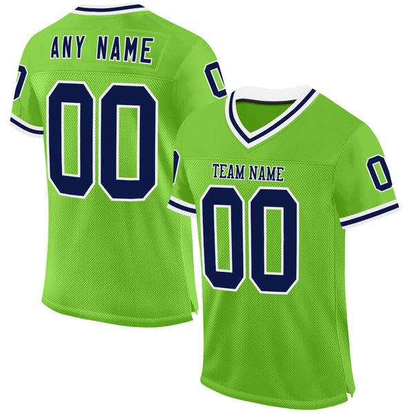 Custom Neon Green Navy-White Mesh Authentic Throwback Football Jersey