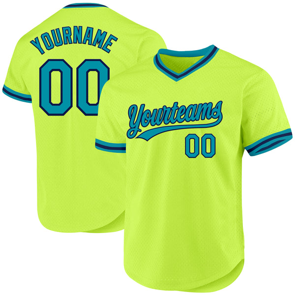 Custom Neon Green Teal-Navy Authentic Throwback Baseball Jersey