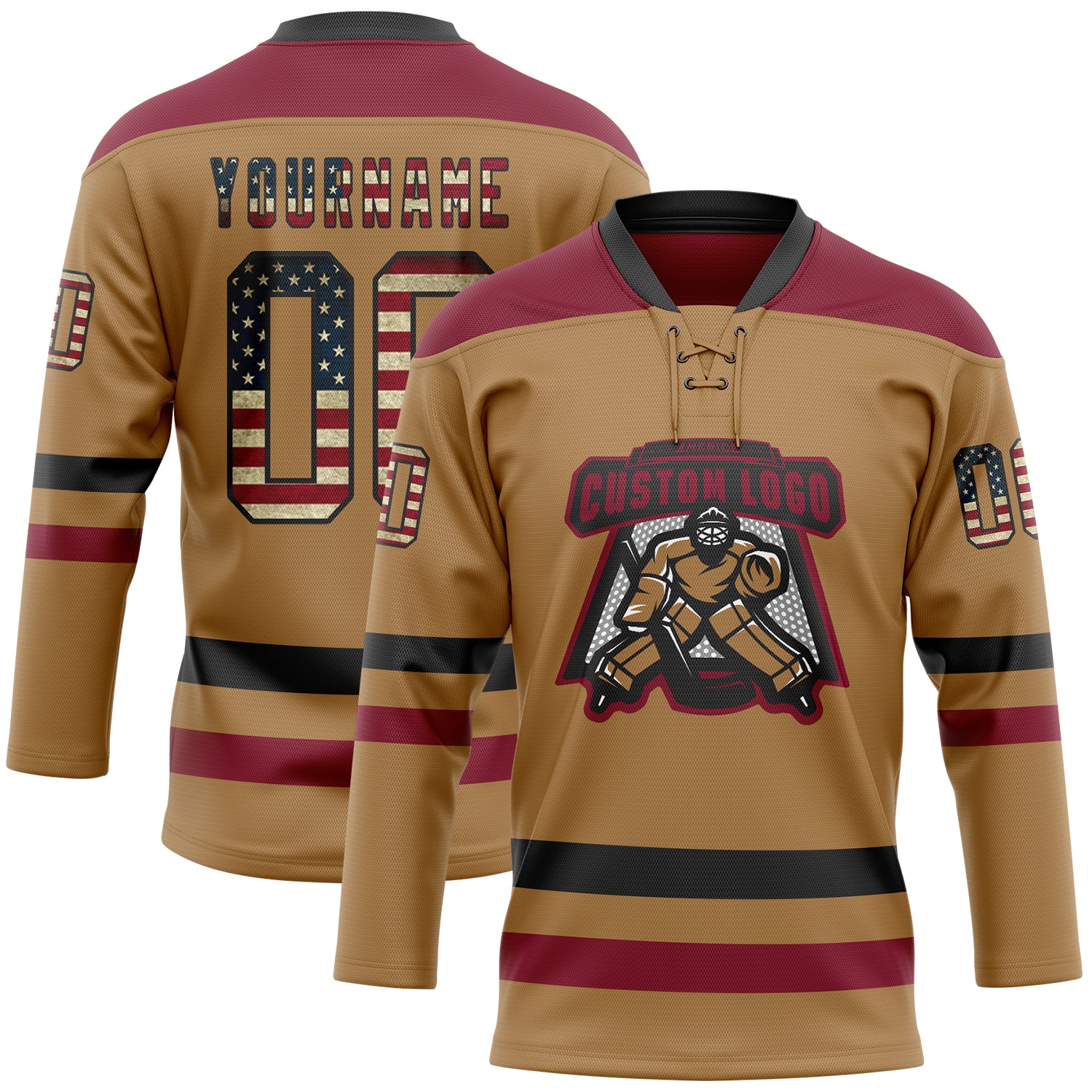 Custom Old Gold Vintage USA Flag Black-Crimson Hockey Lace Neck Jersey