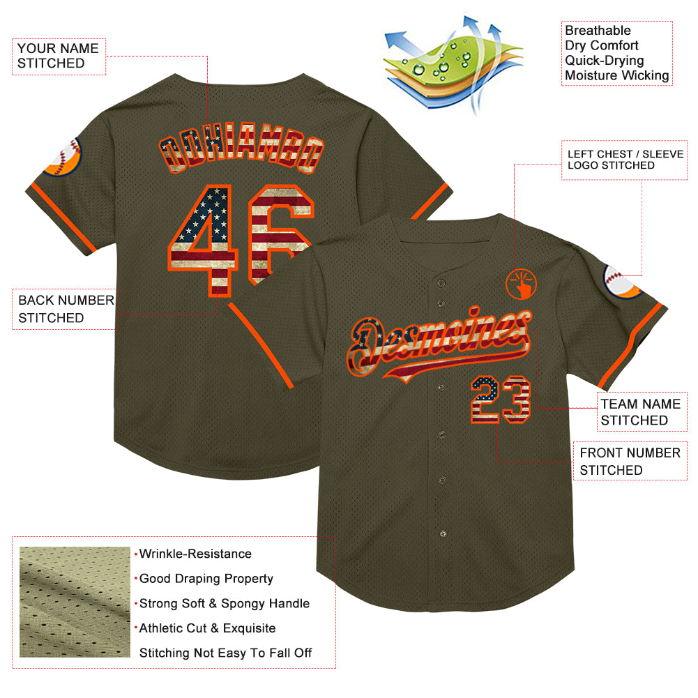 Custom Olive Vintage USA Flag-Orange Mesh Authentic Throwback Salute To Service Baseball Jersey