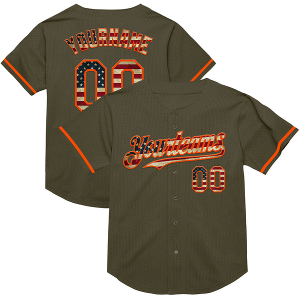 Custom Olive Vintage USA Flag-Orange Mesh Authentic Throwback Salute To Service Baseball Jersey