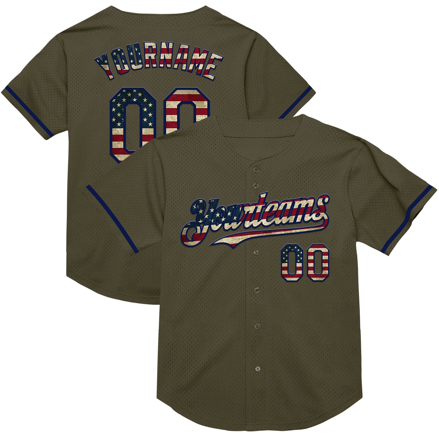 Custom Olive Vintage USA Flag-Navy Mesh Authentic Throwback Salute To Service Baseball Jersey