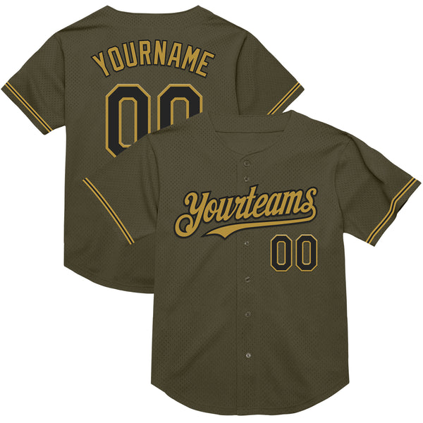 Custom Olive Black-Old Gold Mesh Authentic Throwback Salute To Service Baseball Jersey