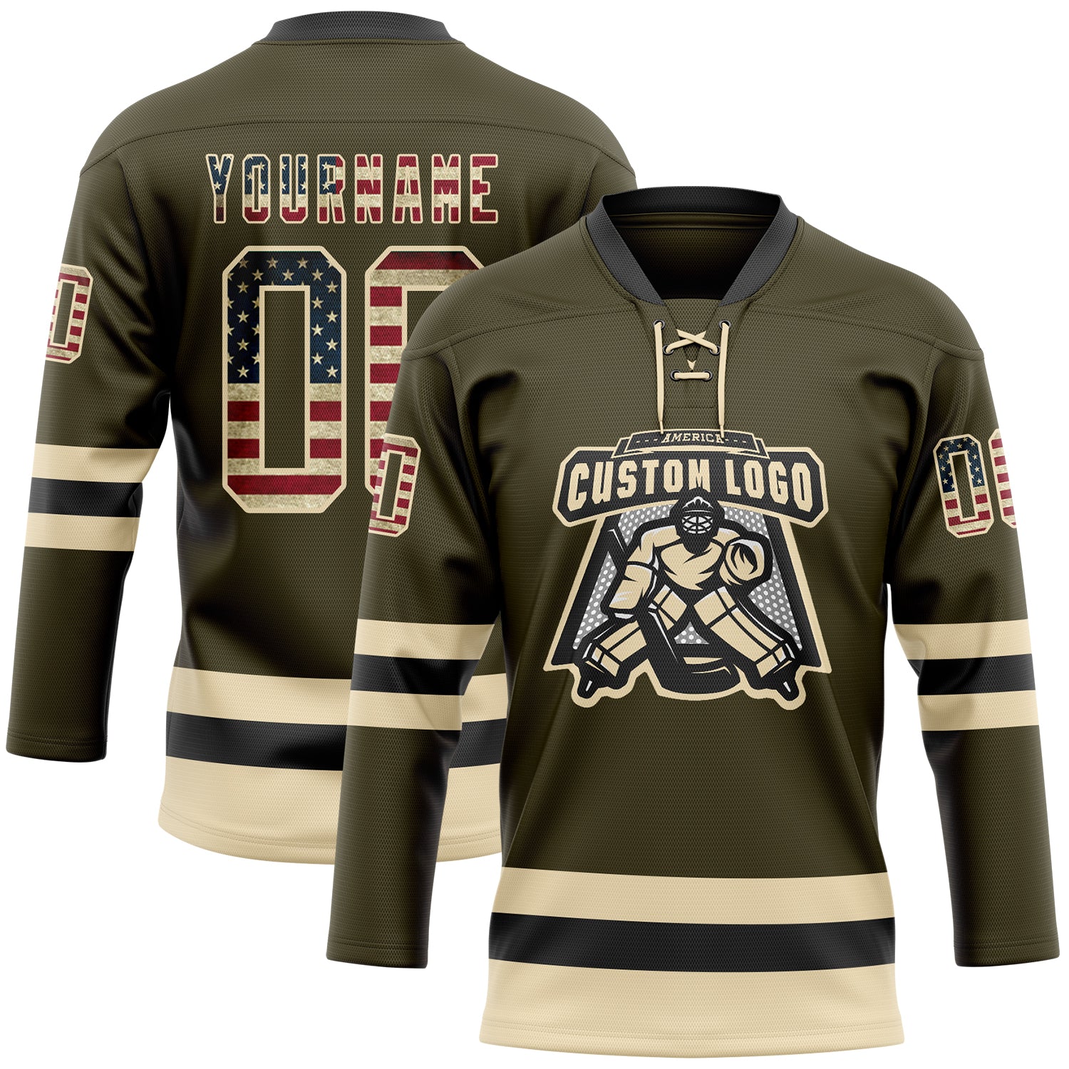 Custom Olive Vintage USA Flag Cream-Black Salute To Service Hockey Lace Neck Jersey