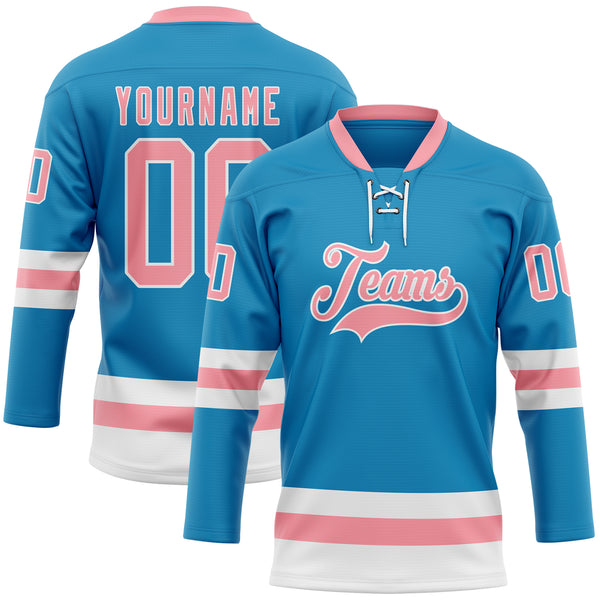 Custom Panther Blue Medium Pink-White Hockey Lace Neck Jersey