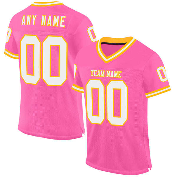 Custom Pink White-Gold Mesh Authentic Throwback Football Jersey