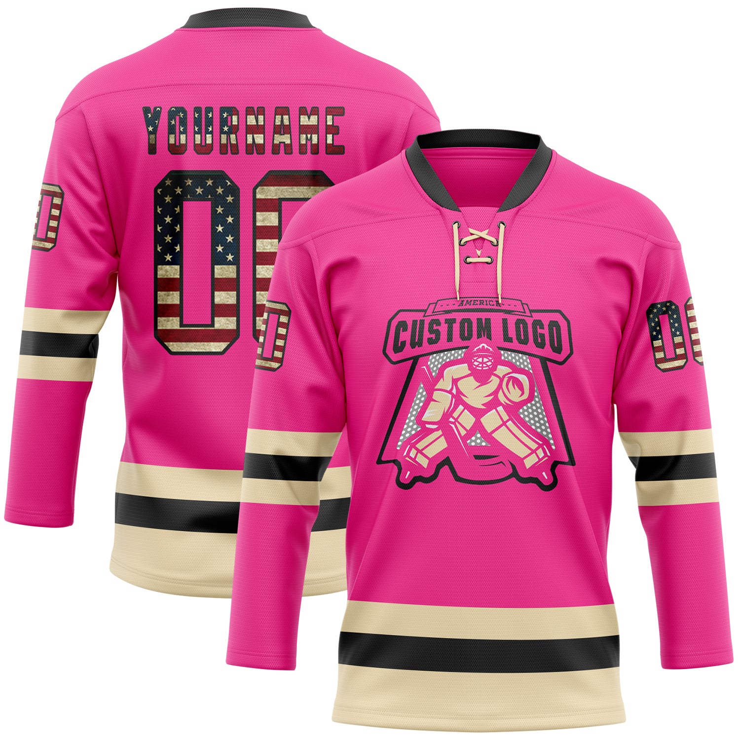 Custom Pink Vintage USA Flag Black-Cream Hockey Lace Neck Jersey