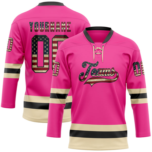 Custom Pink Vintage USA Flag Black-Cream Hockey Lace Neck Jersey