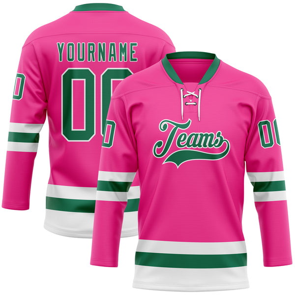 Custom Pink Kelly Green-White Hockey Lace Neck Jersey