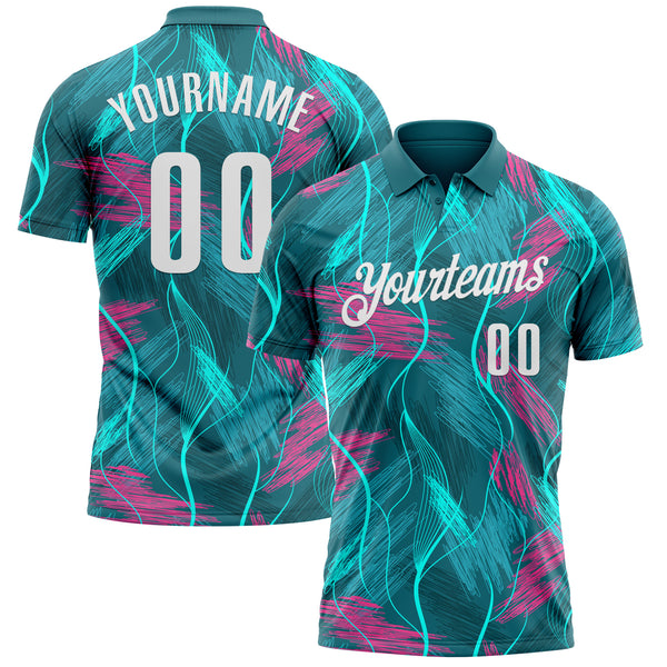 Custom Teal Pink-White 3D Bowling Line Performance Polo Shirt