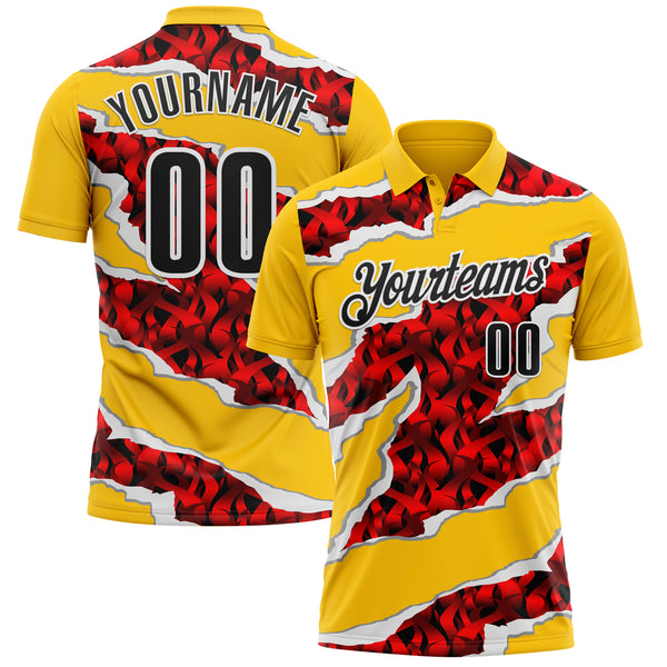 Custom Yellow Black-Red 3D Bowling Torn Paper Style Performance Polo Shirt