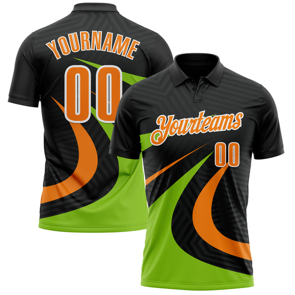 Custom Black Bay Orange-Neon Green 3D Bowling Geometric Shape Performance Polo Shirt