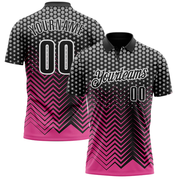 Custom Black Pink-Gray 3D Bowling Geometric Shape Performance Polo Shirt