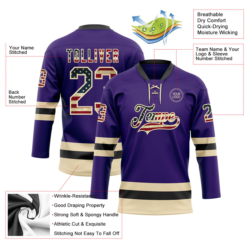 Custom Purple Vintage USA Flag Cream-Black Hockey Lace Neck Jersey