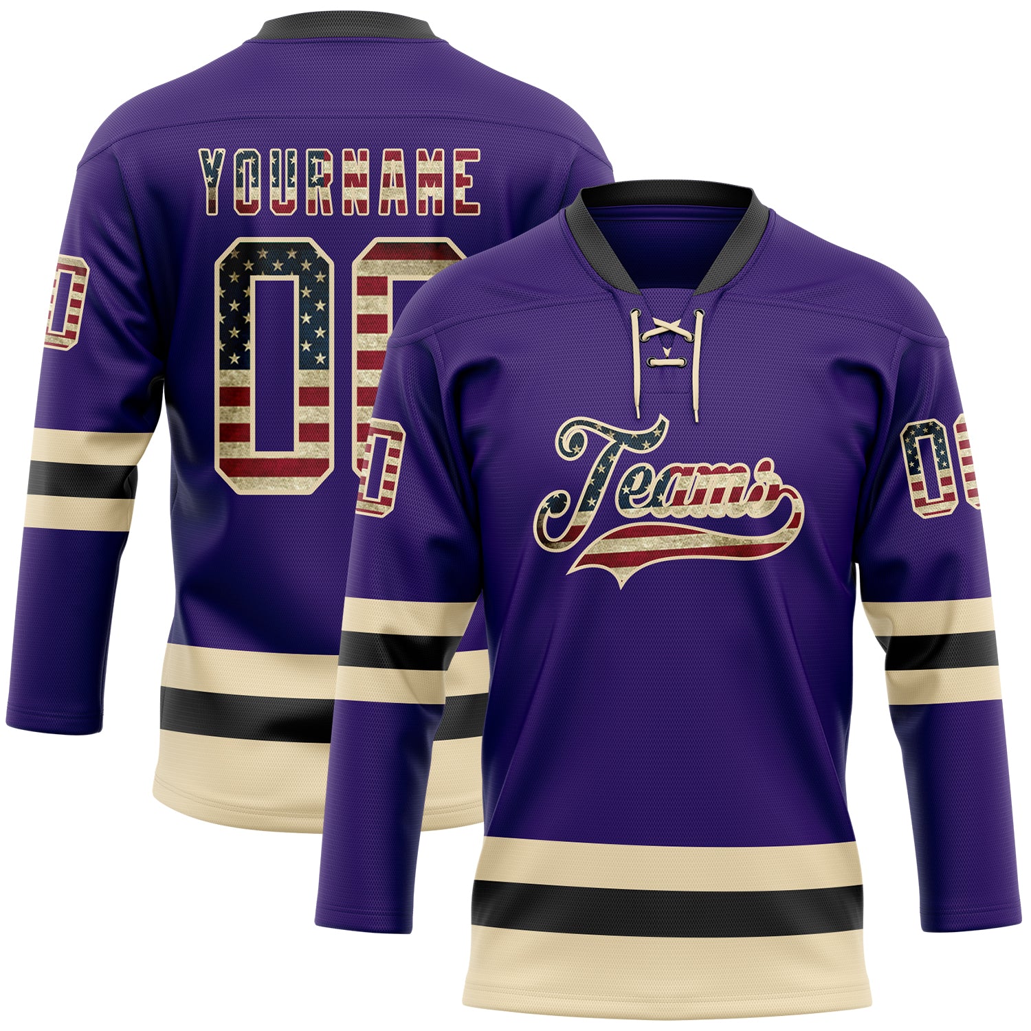 Custom Purple Vintage USA Flag Cream-Black Hockey Lace Neck Jersey