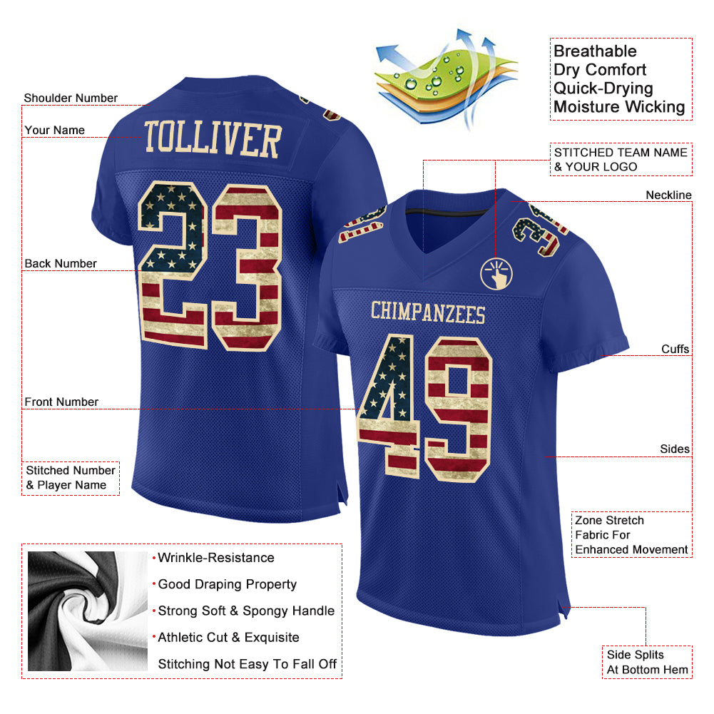 Custom Royal Vintage USA Flag-City Cream Mesh Authentic Football Jersey