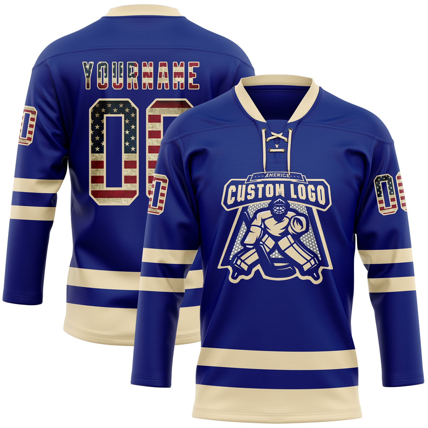 Custom Royal Vintage USA Flag-Cream Hockey Lace Neck Jersey