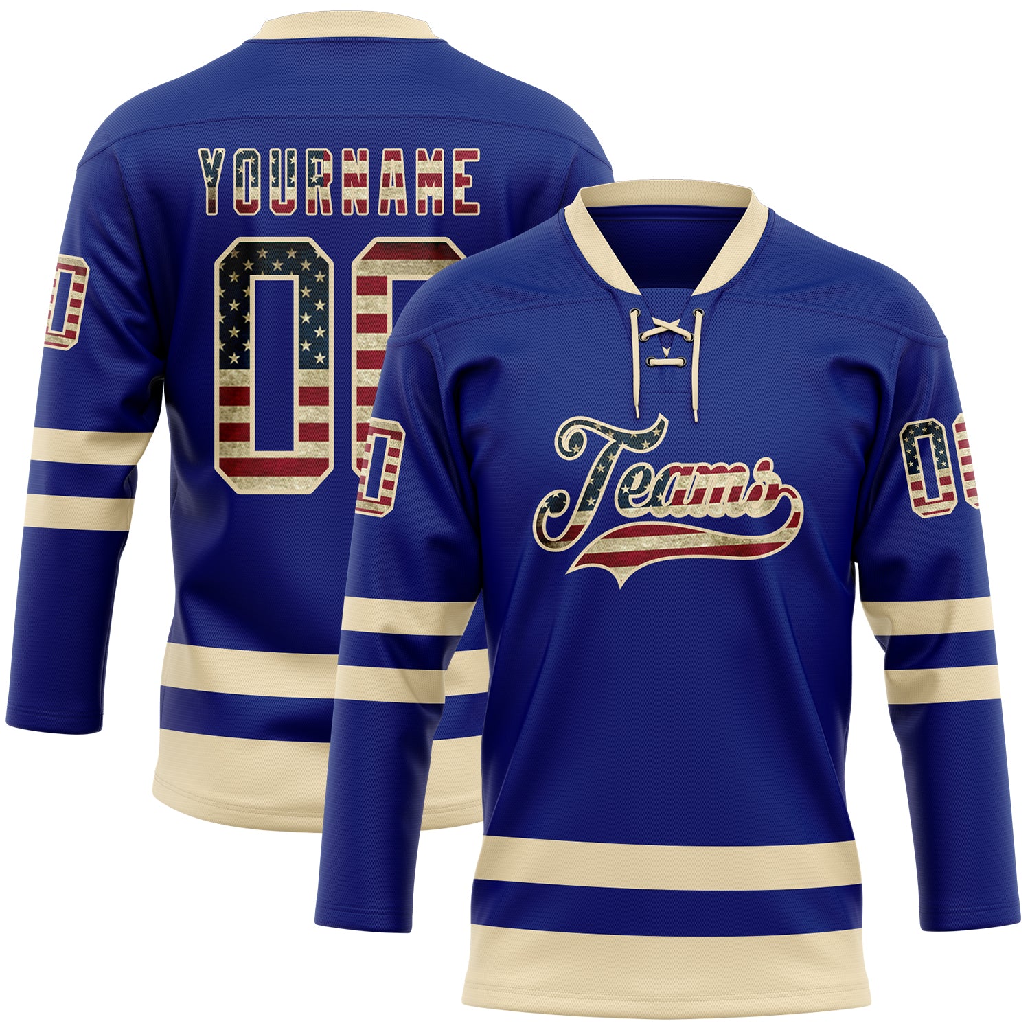 Custom Royal Vintage USA Flag-Cream Hockey Lace Neck Jersey