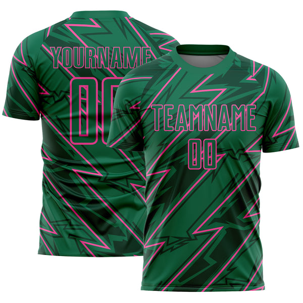 Custom Kelly Green Pink Lightning Sublimation Soccer Uniform Jersey