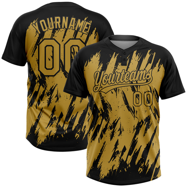 Custom Black Old Gold 3D Pattern Abstract Sharp Shape Two-Button Unisex Softball Jersey