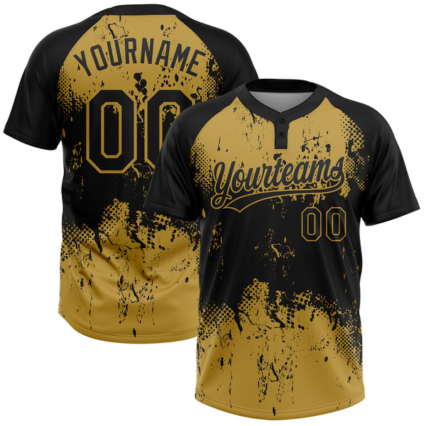 Custom Black Old Gold 3D Pattern Abstract Splatter Grunge Art Two-Button Unisex Softball Jersey