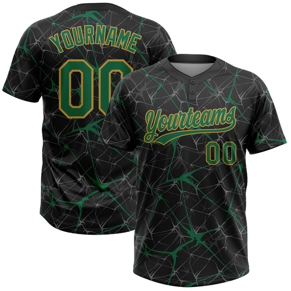 Custom Black Kelly Green-Old Gold 3D Pattern Abstract Network Two-Button Unisex Softball Jersey