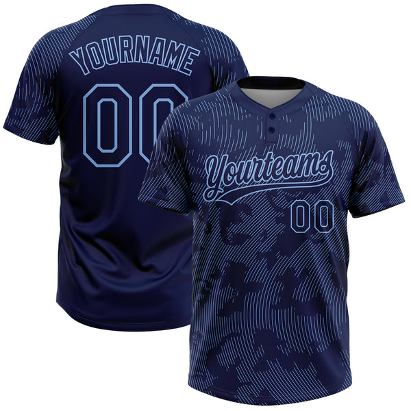 Custom Navy Light Blue 3D Pattern Curve Lines Two-Button Unisex Softball Jersey