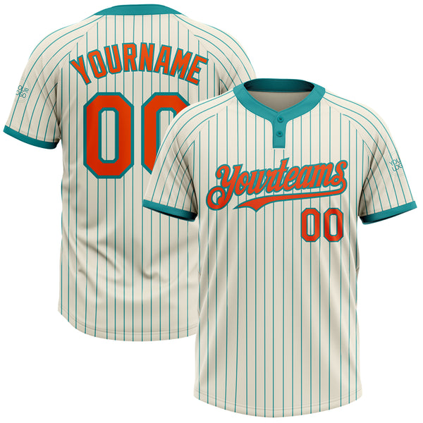 Custom Cream Teal Pinstripe Orange Two-Button Unisex Softball Jersey