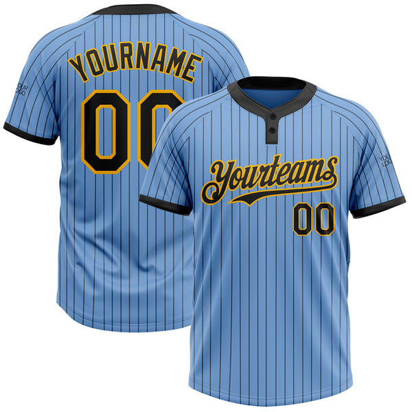 Custom Light Blue Black Pinstripe Gold Two-Button Unisex Softball Jersey